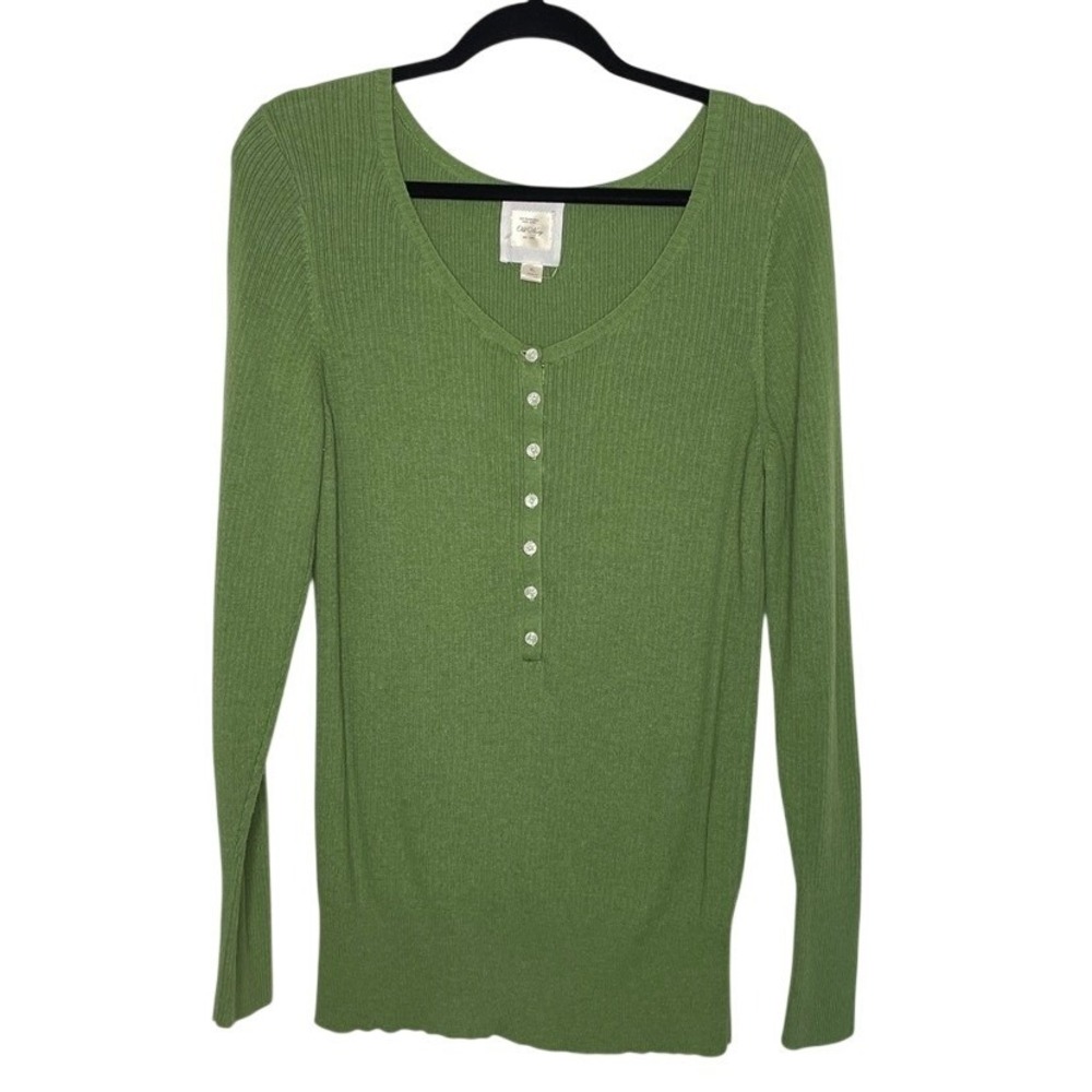 Old Navy Henley Sweater Womens XL Green Ribbed Knit Long Sleeve Button Front